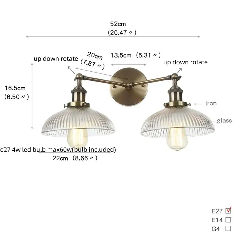 Vintage loft brass wall lamp with double-arm design, ribbed glass shades, and exposed Edison bulbs for decorbites industrial vintage style