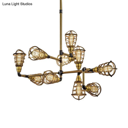 Lámpara colgante vintage de estilo loft, en latón cepillado, con diseño de araña enjaulada de múltiples luces.