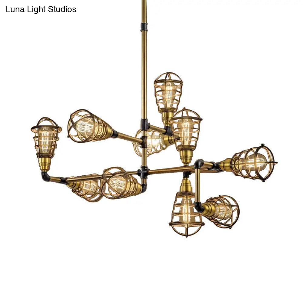 Lámpara colgante vintage de estilo loft, en latón cepillado, con diseño de araña enjaulada de múltiples luces.