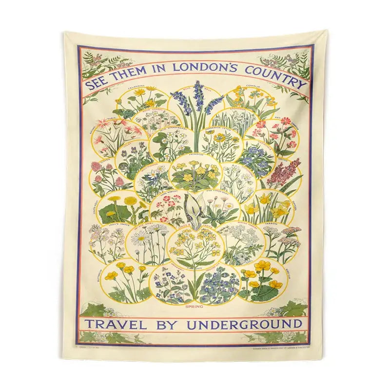 A cream-colored botanical wildflower tapestry wall hanging with vintage london underground design decorbites botanical wildflower