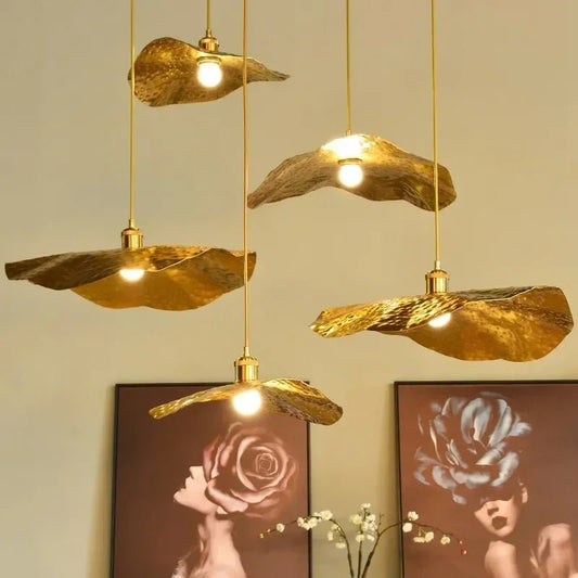 Vintage Lotus Leaf Gold Metal Pendant Light - Decorbites
