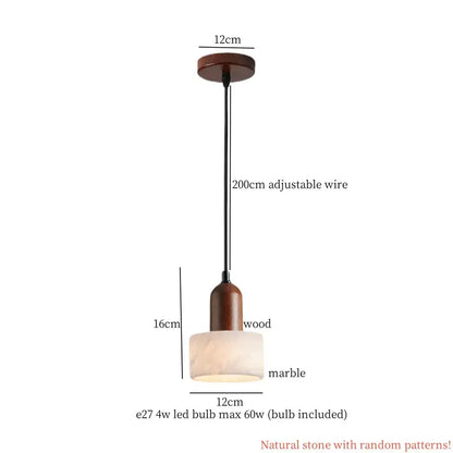 Vintage marbled glass ball led pendant light with warm wooden top and base featuring natural stone pattern shade