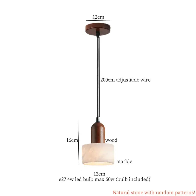Vintage marbled glass ball led pendant light with warm wooden top and base featuring natural stone pattern shade