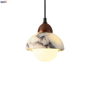 Vintage marbled glass ball led pendant light with warm-toned white gray shade and polished brown wood top by decorbites