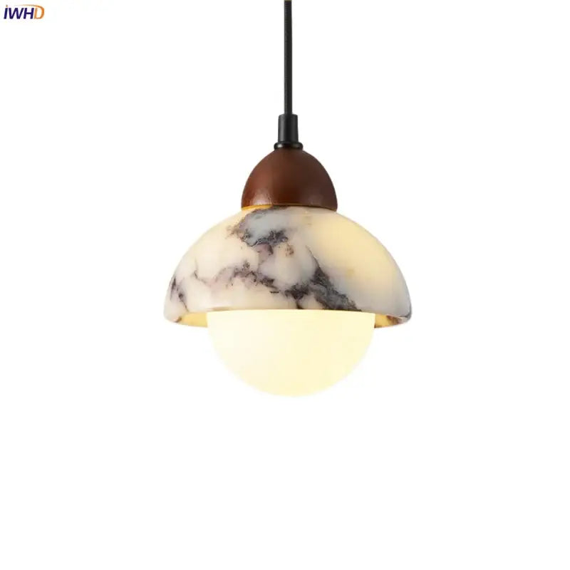 Vintage marbled glass ball led pendant light with warm-toned white gray shade and polished brown wood top by decorbites