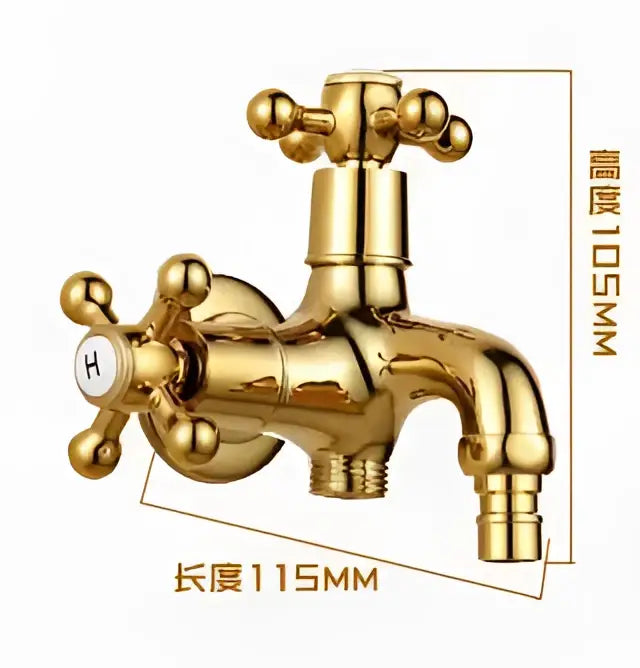 Golden brass washing machine faucet tap with cross handles and polished finish for laundry room use