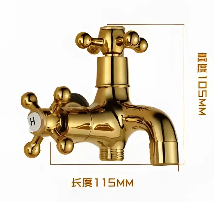 Gold-colored brass washing machine faucet tap with two cross handles and curved spout for laundry room use