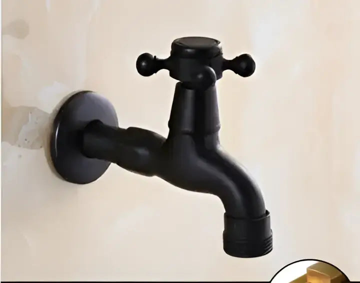 Vintage matte black washing machine faucet tap with dual cross-shaped handles and matte finish for laundry room use