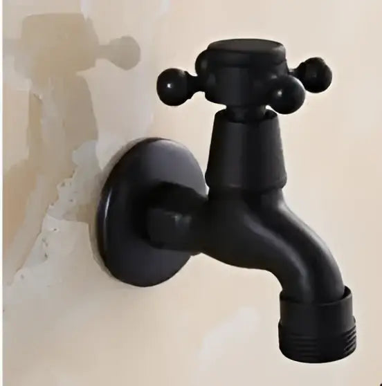 Vintage matte black washing machine faucet tap with dual cross handles and rounded spout for laundry room use