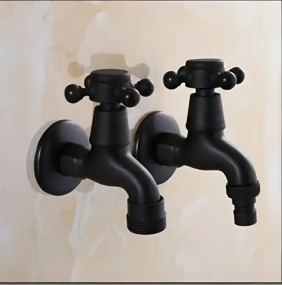 Vintage matte black dual handle washing machine faucet tap in black matte metal with cross handles and threaded hose connectors