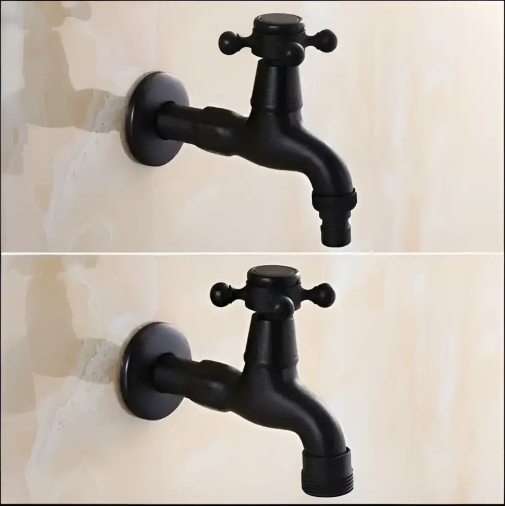 Black matte dual handle wall-mounted washing machine faucet tap with cross handles and threaded hose connectors for laundry room