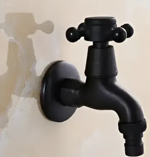 Vintage matte black dual handle washing machine faucet tap with black matte finish and ornate cross-shaped handles