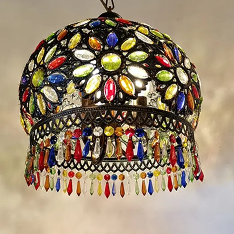 Vintage mediterranean colorful crystal chandelier featuring a vibrant dome-shaped mosaic light with black metal frame decorbites colorful