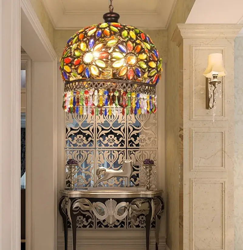 Vintage mediterranean colorful crystal chandelier dining room lamp with vibrant multi-colored stained glass and dangling beads decorbites colorful crystal