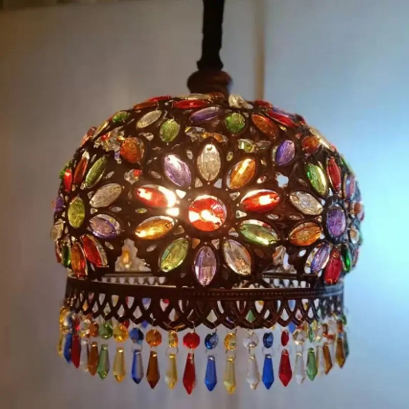 Vintage mediterranean colorful crystal chandelier dining room lamp with dark metal frame and faceted gemstone decorbites colorful