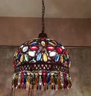 Vintage Mediterranean colorful crystal chandelier featuring a dome-shaped stained glass design with dangling beads by decorbites colorful crystal
