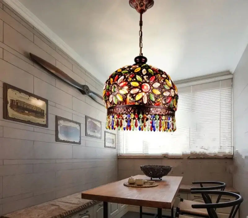 Vintage mediterranean colorful crystal chandelier dining room lamp with dome-shaped stained glass and dangling crystal beads decorbites colorful