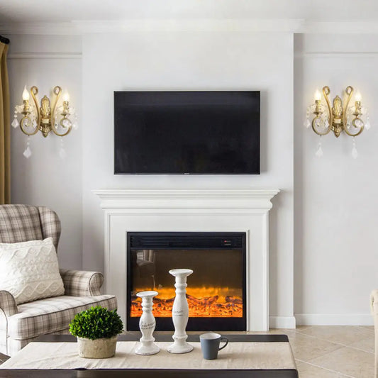 DecorBites™ DecorBites™ Vintage Metal 2-Head Flameless Candle Wall Sconce Light with Crystal Deco and Curved Brass Arm