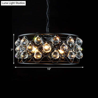 Lámpara de techo vintage de metal y cristal con forma de tambor - 3 luces - Lámpara de techo negra para sala de estar