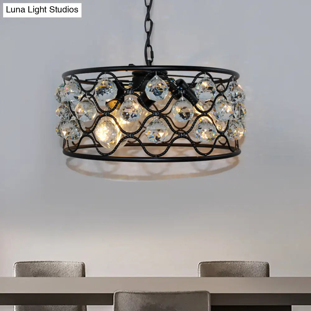 Lámpara de techo vintage de metal y cristal con forma de tambor - 3 luces - Lámpara de techo negra para sala de estar