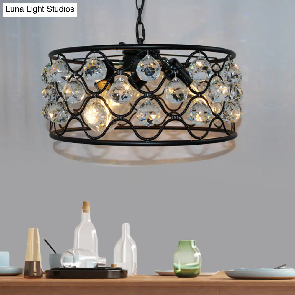 Lámpara de techo vintage de metal y cristal con forma de tambor - 3 luces - Lámpara de techo negra para sala de estar