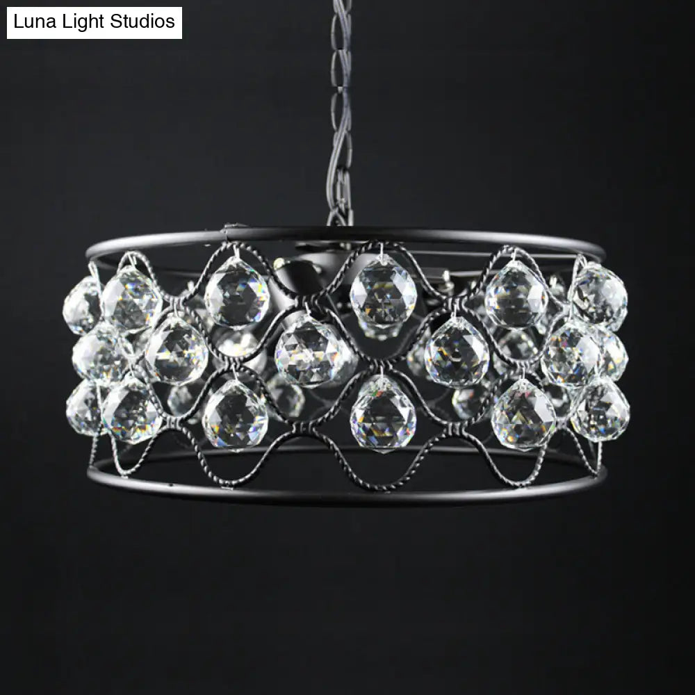 Lámpara de techo vintage de metal y cristal con forma de tambor - 3 luces - Lámpara de techo negra para sala de estar