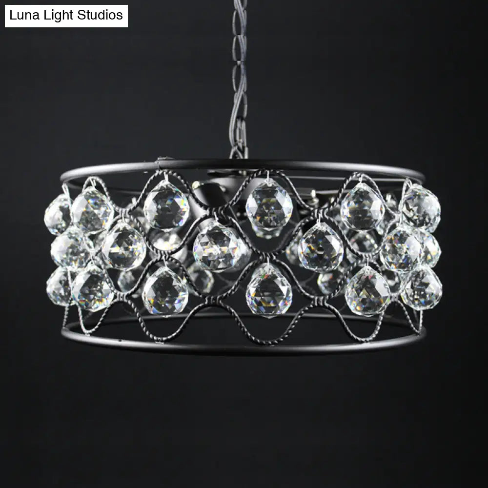 Lámpara de techo vintage de metal y cristal con forma de tambor - 3 luces - Lámpara de techo negra para sala de estar