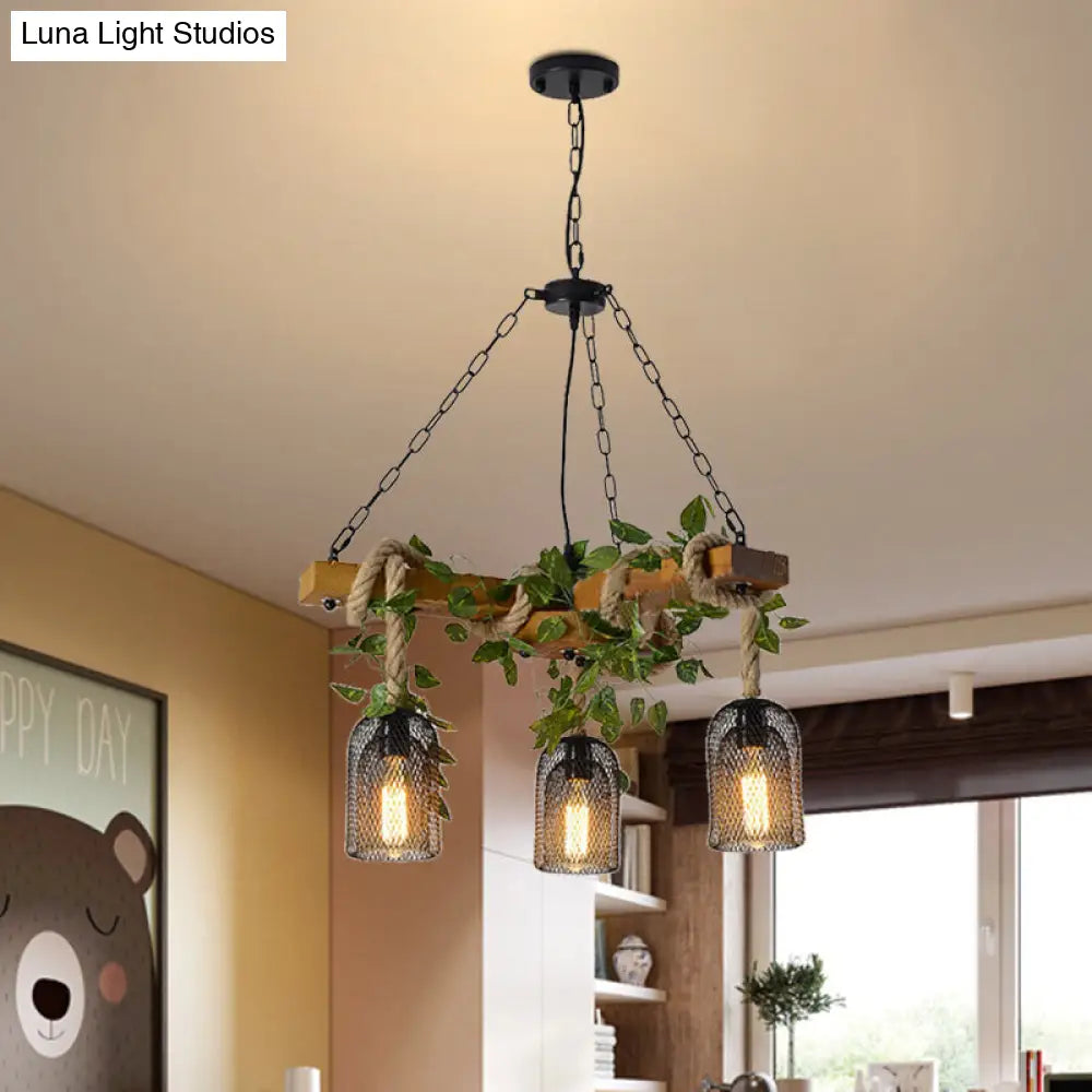 Vintage Metal Brown Chandelier Pendant Light with 3 Bell Cage Heads and Wood Branch Beam Deco