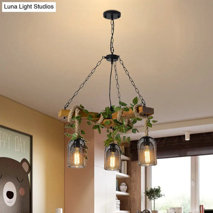 Vintage Metal Brown Chandelier Pendant Light with 3 Bell Cage Heads and Wood Branch Beam Deco