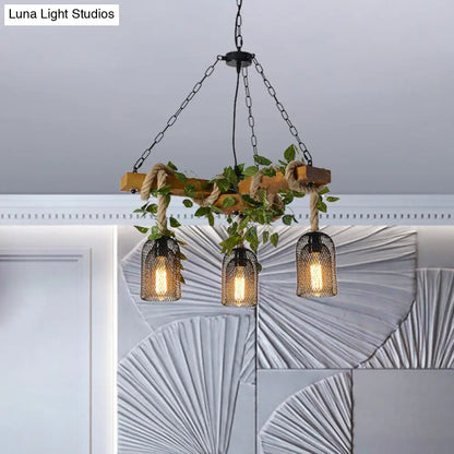 Vintage Metal Brown Chandelier Pendant Light with 3 Bell Cage Heads and Wood Branch Beam Deco