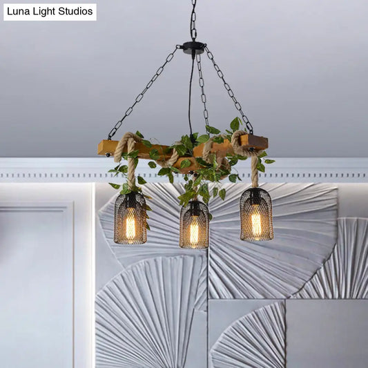 Vintage Metal Brown Chandelier Pendant Light with 3 Bell Cage Heads and Wood Branch Beam Deco