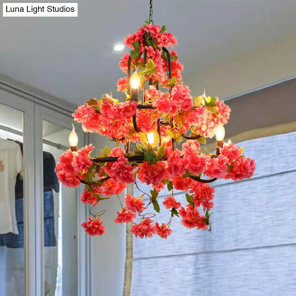 Vintage Metal Chandelier Lighting - Cherry Blossom Restaurant | 7 Lights - Rose Red LED Suspension Lamp