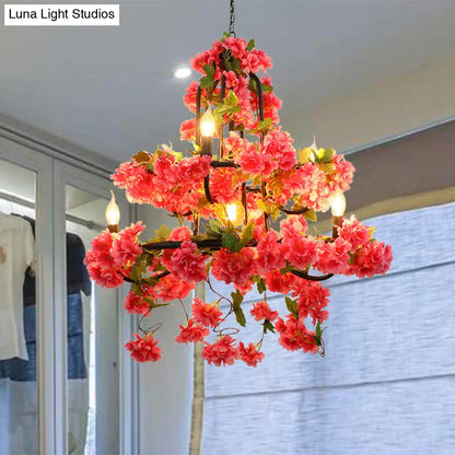 Vintage Metal Chandelier Lighting - Cherry Blossom Restaurant | 7 Lights - Rose Red LED Suspension Lamp