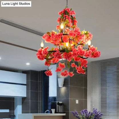Vintage Metal Chandelier Lighting - Cherry Blossom Restaurant | 7 Lights - Rose Red LED Suspension Lamp
