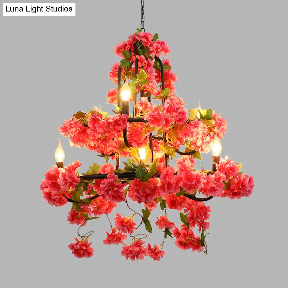 Vintage Metal Chandelier Lighting - Cherry Blossom Restaurant | 7 Lights - Rose Red LED Suspension Lamp