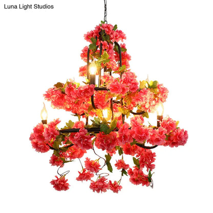 Vintage Metal Chandelier Lighting - Cherry Blossom Restaurant | 7 Lights - Rose Red LED Suspension Lamp