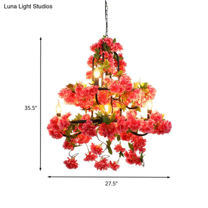 Vintage Metal Chandelier Lighting - Cherry Blossom Restaurant | 7 Lights - Rose Red LED Suspension Lamp