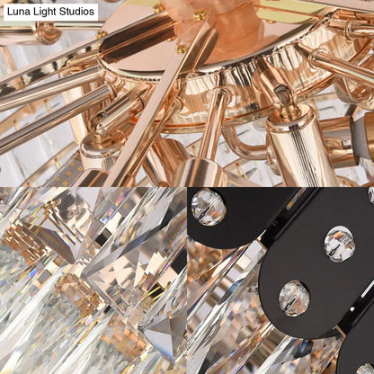 Lámpara colgante de araña vintage de metal con bloque de cristal - 12 luces, diseño redondo, acabado negro