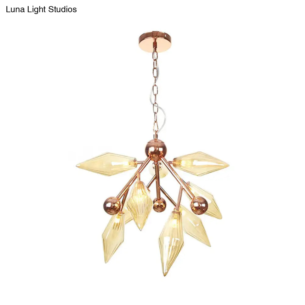 Vintage Metal Chandelier with 9 Lights and Amber/Clear Glass Shades for Dining Room Ceiling