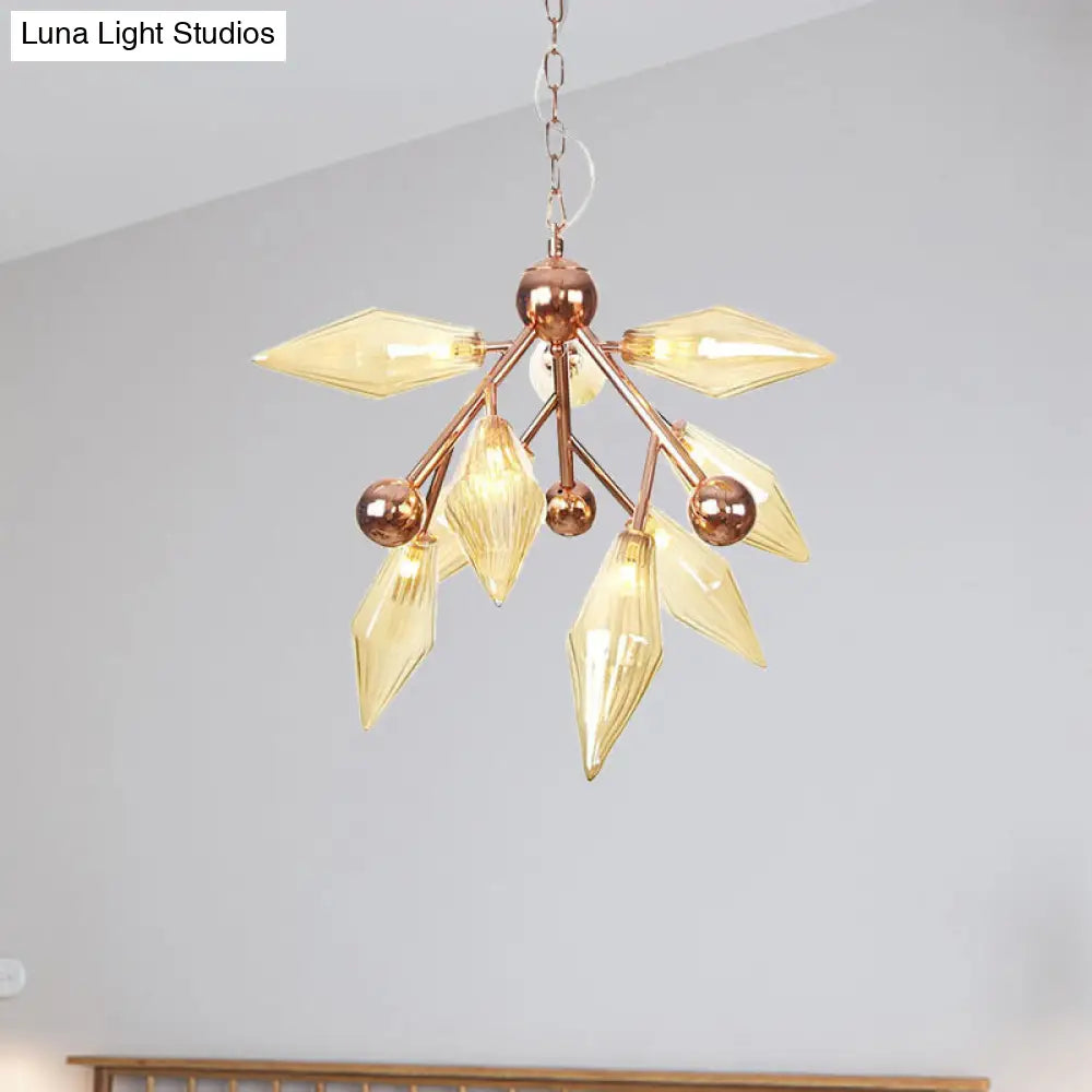 Vintage Metal Chandelier with 9 Lights and Amber/Clear Glass Shades for Dining Room Ceiling