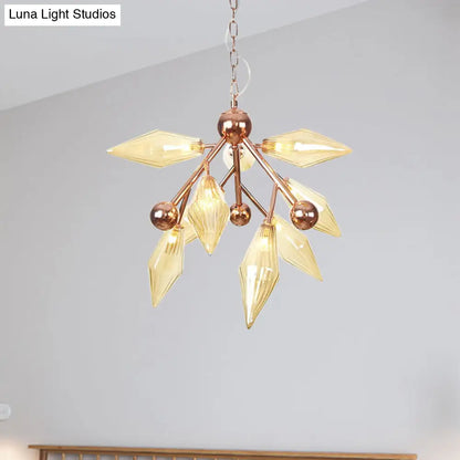 Vintage Metal Chandelier with 9 Lights and Amber/Clear Glass Shades for Dining Room Ceiling