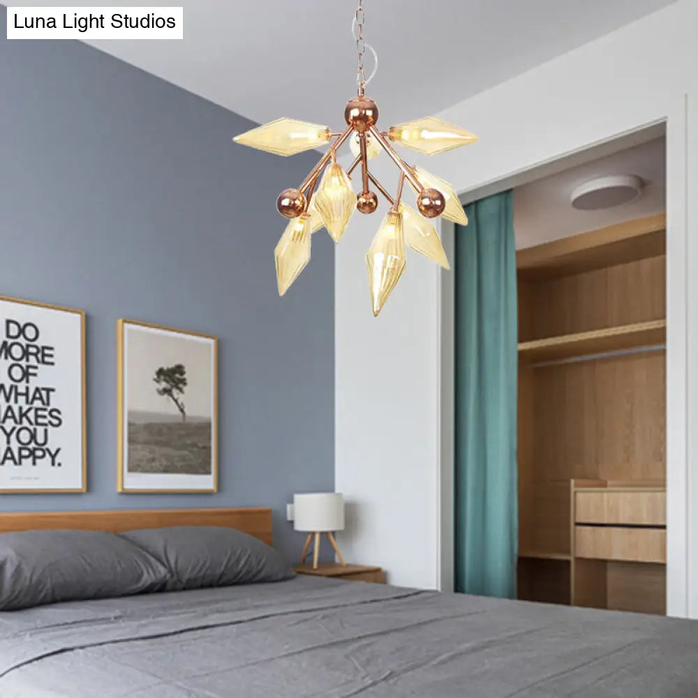 Vintage Metal Chandelier with 9 Lights and Amber/Clear Glass Shades for Dining Room Ceiling