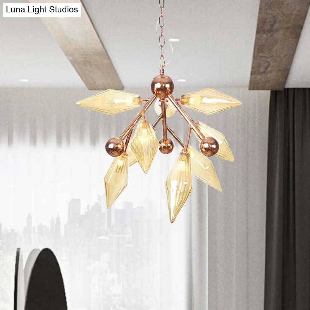 Vintage Metal Chandelier with 9 Lights and Amber/Clear Glass Shades for Dining Room Ceiling