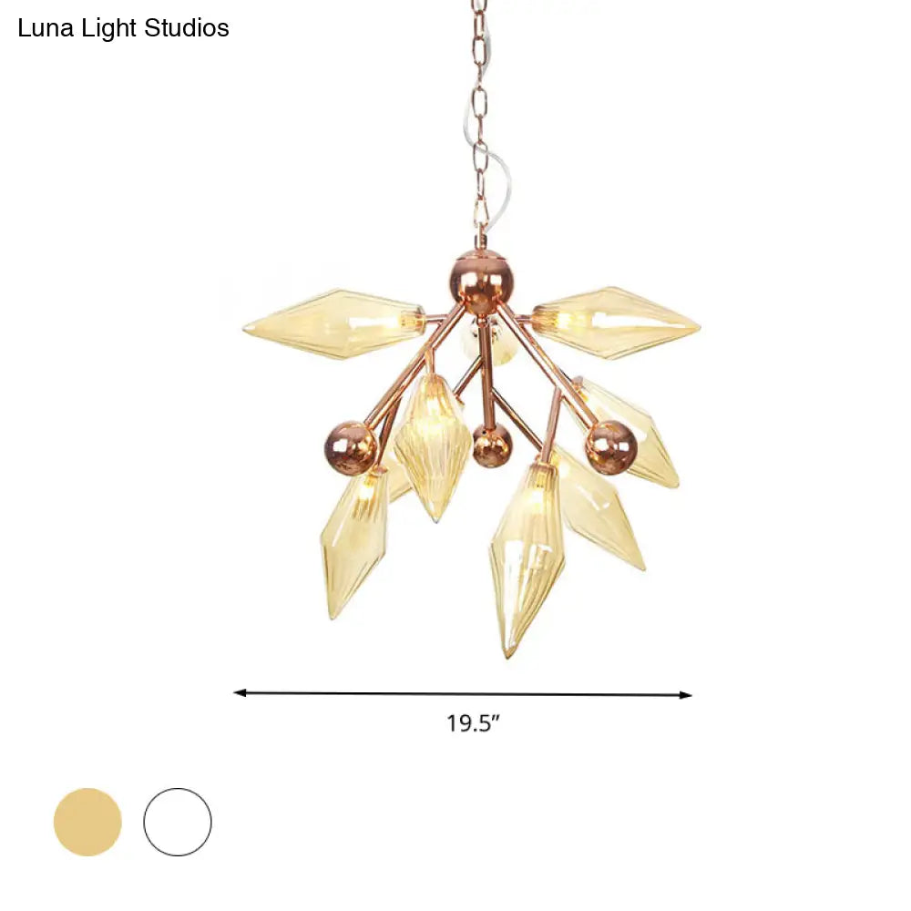 Vintage Metal Chandelier with 9 Lights and Amber/Clear Glass Shades for Dining Room Ceiling