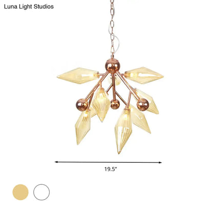 Vintage Metal Chandelier with 9 Lights and Amber/Clear Glass Shades for Dining Room Ceiling