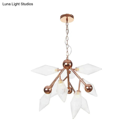 Vintage Metal Chandelier with 9 Lights and Amber/Clear Glass Shades for Dining Room Ceiling