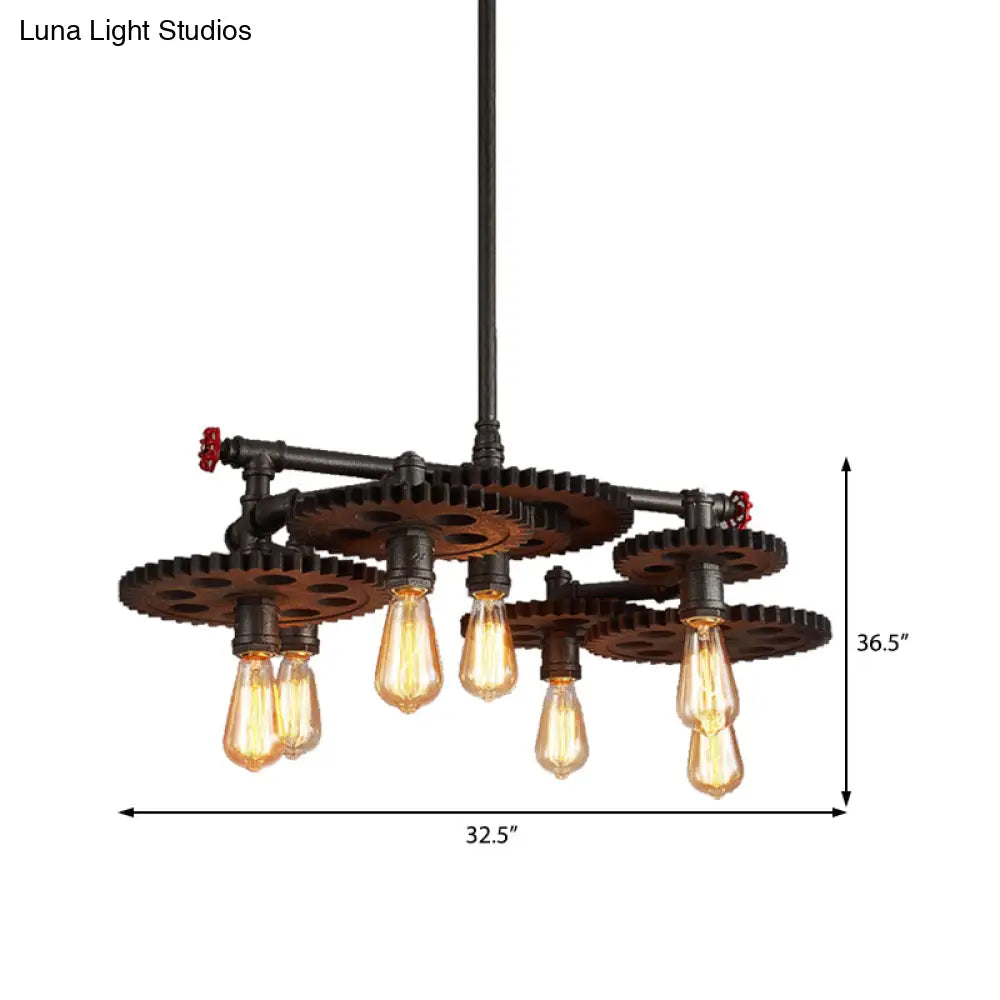 Vintage Metal Chandelier with Black Cog Top and Valve - Dining Room Hanging Light (3/5/7-Light)