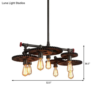 Vintage Metal Chandelier with Black Cog Top and Valve - Dining Room Hanging Light (3/5/7-Light)