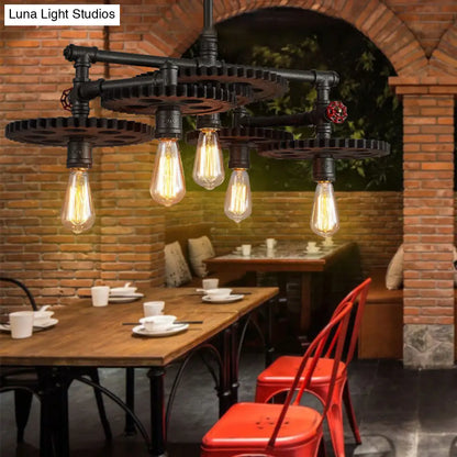 Vintage Metal Chandelier with Black Cog Top and Valve - Dining Room Hanging Light (3/5/7-Light)