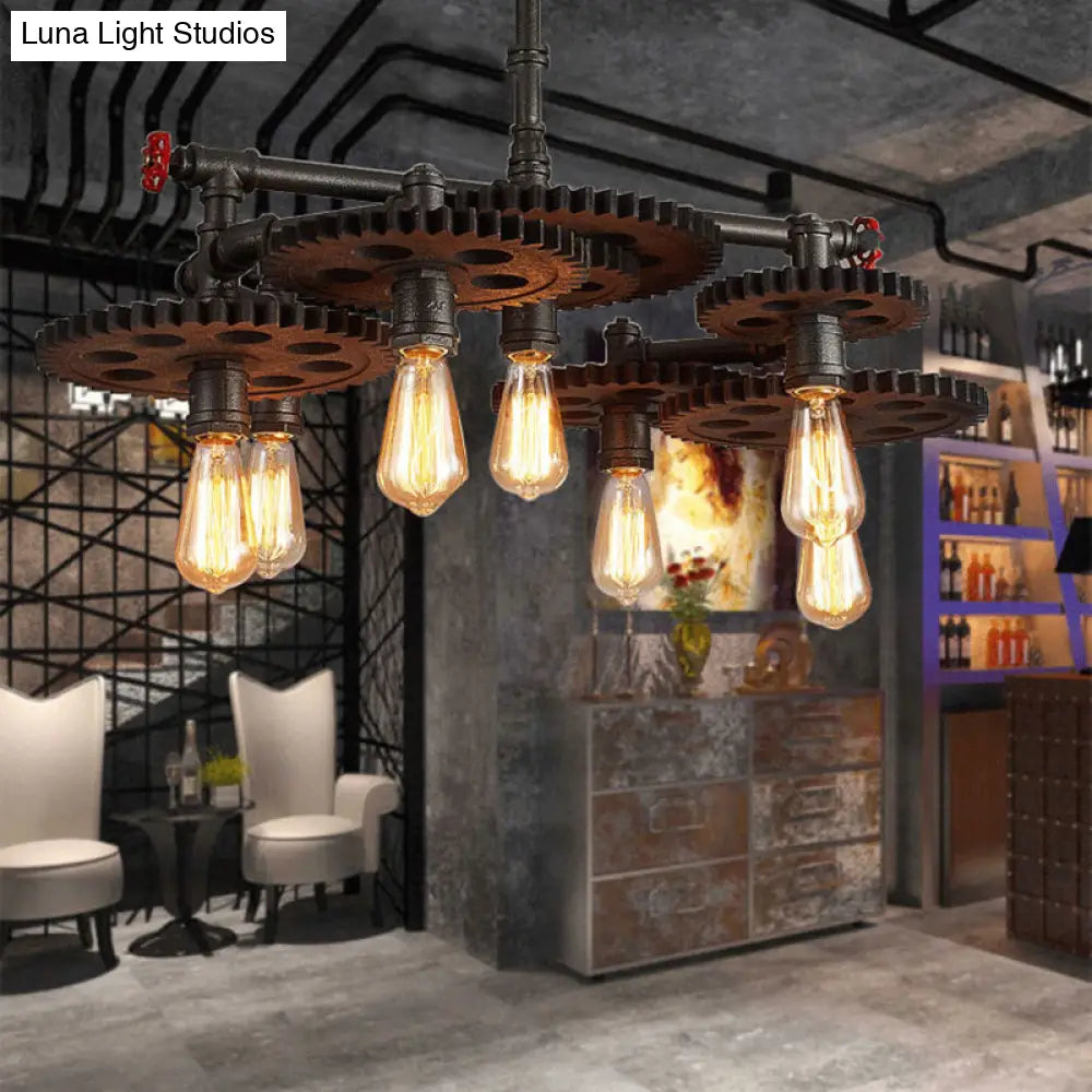 Vintage Metal Chandelier with Black Cog Top and Valve - Dining Room Hanging Light (3/5/7-Light)
